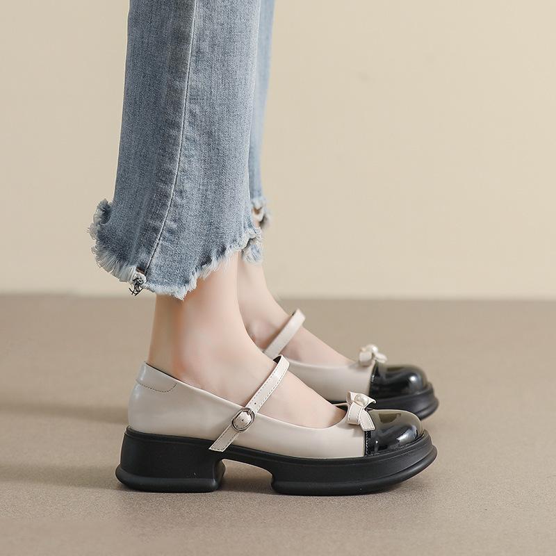 メリージェーン レディース ラウンドトゥ 厚底 プラットフォーム アンクルストラップ リボン 太ヒール ..