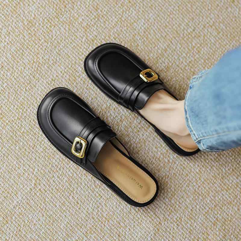 ミュール レディース つま先カバー スリッポン サンダル ソフトソール 柔らかな履き心地 軽量 通気性 滑り止め デイリー カジュアル 普段使い 春夏 合成皮革 メタルパーツ ブラック ベージュ