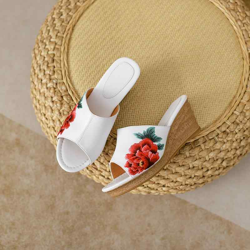 サンダル レディース 本革 羊革 ウェッジヒール ハイヒール 厚底 牡丹刺繍 オープントゥ エスニック風 ..