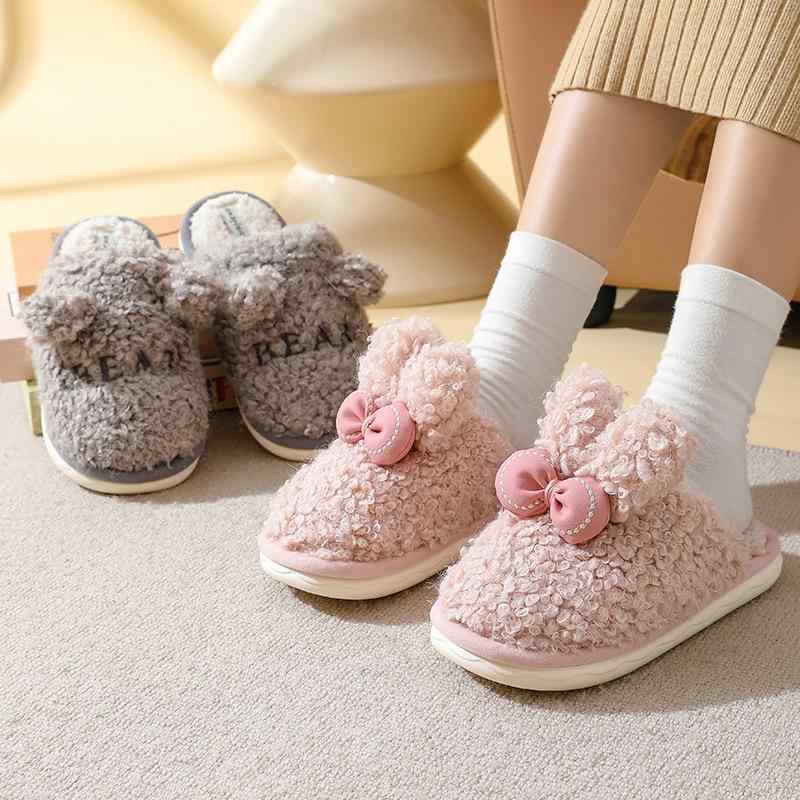 ルームシューズ レディース メンズ ペア ウサギ耳 リボン もこもこ ボア コットン 厚底 滑り止め やわ..