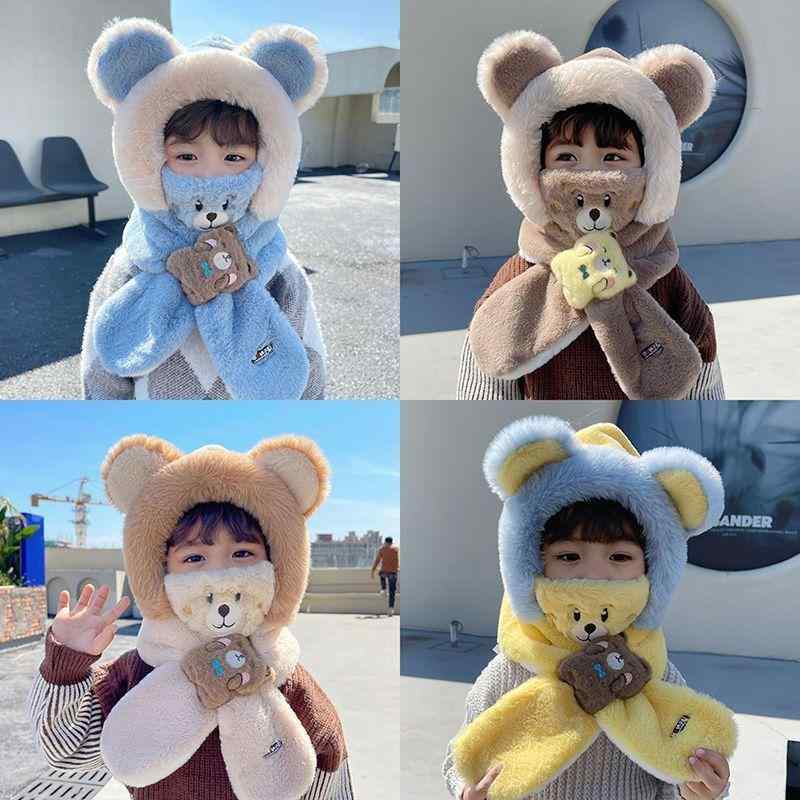 ニット帽 ベビー 子供 女の子 韓国風 かわいい くま耳 3点セット ネックウォーマー マスク 耳当て付き 防寒 保温 防風 裏ボア もこもこ 秋冬 配色
