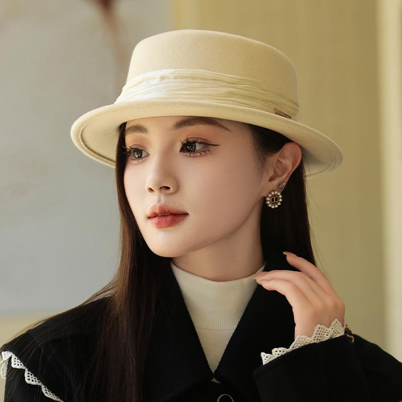 平天ハット レディース 秋冬 羊毛 ウール 上質 プリーツ リボン 広つば フレンチレトロ 大人上品 保温 防風 デイリーユース ブラック カーキ アイボリー