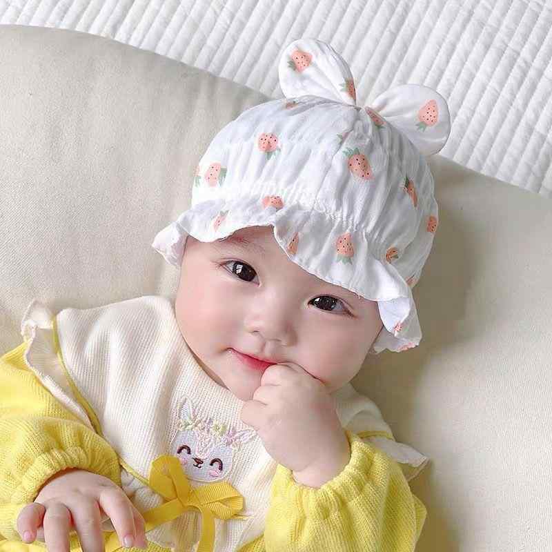 ベビー帽子 ベビー 乳幼児 新生児用 コットン 綿素材 春夏 薄手 通気性 日よけ 防風 かわいい キャラクター プリンセス イチゴ柄 プリント バケットハット お出かけ用(x2)