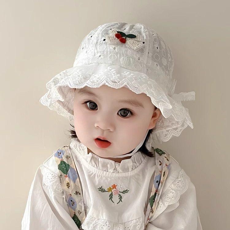 漁夫帽 ベビー キッズ 女の子 サファリハット 日よけ 広つば UVカット 通気性 春夏 レース さくらんぼ いちご プリンセスデザイン 赤ちゃん 子供 女児 アイボリー ピンク イエロー系(x2)