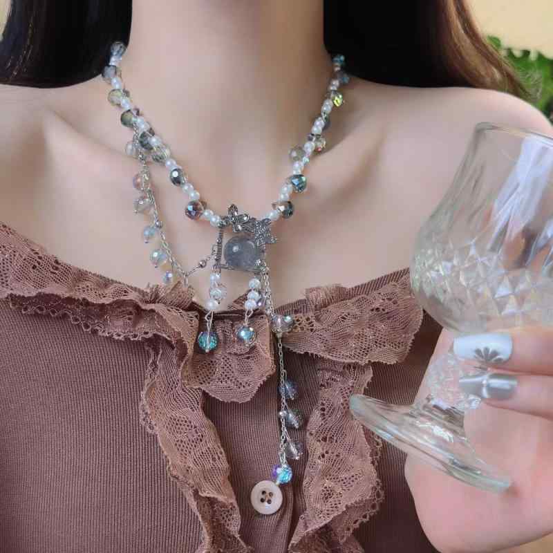 ネックレス レディース フェイクパール クリスタル ドロップ フリンジ バタフライ チョーカー トレンド..