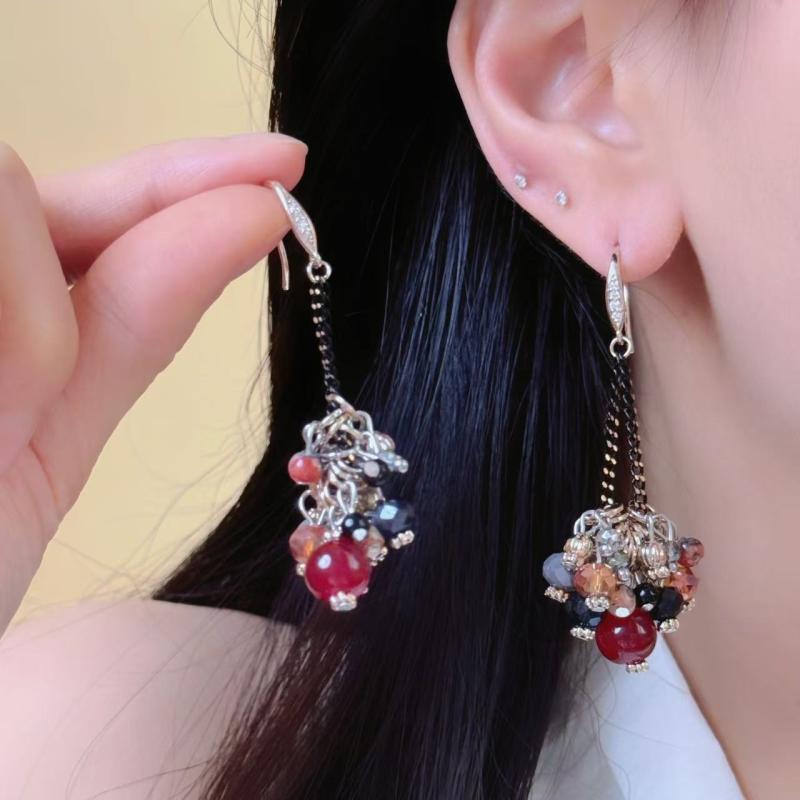 イヤリング レディース フレンチスタイル カラフル ビーズ タッセル ロングピアス デザイン エレガント..