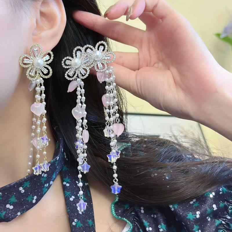 ピアス レディース フレンチ レトロ エレガント ジルコニア フルパヴェ クリスタル フラワー タッセル ..