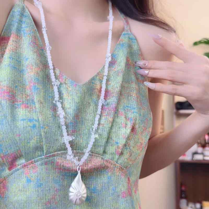 ネックレス レディース 欧米風 レトロ ティアドロップ 貝殻 シェル クリスタルビーズ シアー素材 幾何学デザイン 重ね付け ビーズチェーン マリン リゾートスタイル(4)