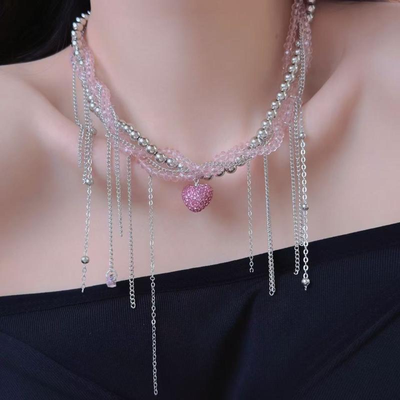 ネックレス レディース 甘辛クール 多連 フリンジ ハートモチーフ パール パール ライトラグジュアリー 高見え デザイン チョーカー ストーン カジュアル ファッション小物(4)