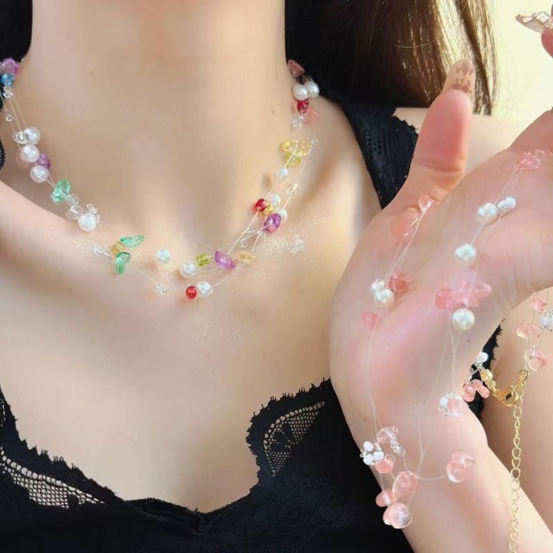 ネックレス レディース ピンク 天然石 フェイクパール 重ね付け 多連 鎖骨チョーカー 上品 クール 高級感 甘辛スタイル 大人かわいい ..