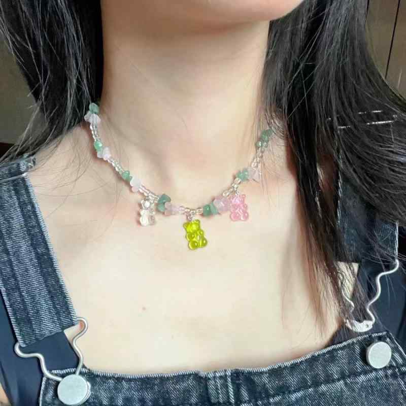 ネックレス レディース 韓国ファッション クマ マカロンピンク 樹脂 人工水晶 かわいい スイート ガーリー チョーカー ショートネック..