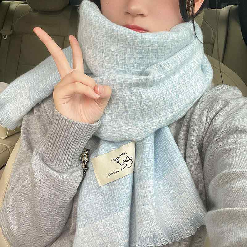 マフラー レディース ブルー クマ ベア カシミヤタッチ ニット ポリエステル 大判 ロング ストール ショール 首元あったか 防寒対策 秋冬 かわいい フェミニン 韓国風