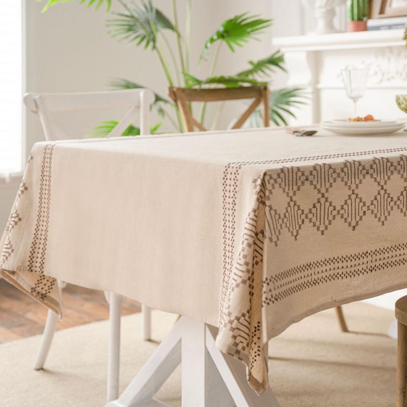 テーブルクロス 綿麻 コットン リネン 食卓カバー 長方形 幾何学模様 青色 刺繍 ダイニング リビング 布製 防塵 インテリア おしゃれ SNS風 アメリカンスタイル