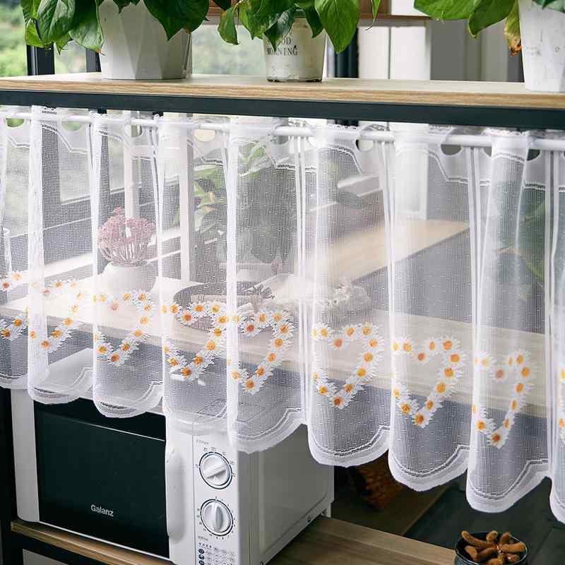 カフェカーテン 小窓カーテン フレンチスタイル レース シアー ナチュラル かわいい ハート 花柄デザイン 目隠し 出窓 キッチン 食器棚 防塵 穴あけ不要 ショート丈 ポリエステル