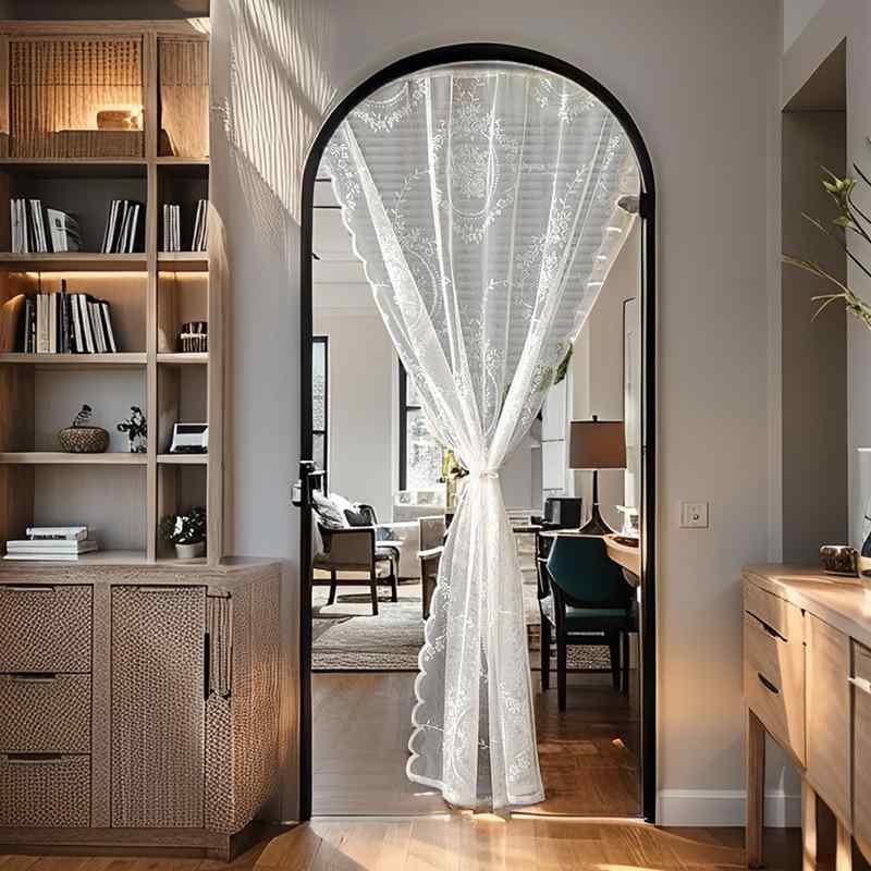 間仕切りカーテン レース フレンチスタイル 高級感 白 ホワイト ポリエステル素材 円形花柄 刺繍 目隠..