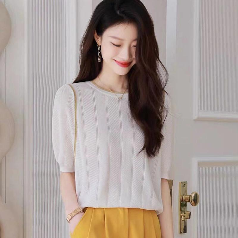 ニットトップス レディース 夏物 半袖 クルーネック プルオーバー 若見え デザイン性 シンプル 着回し ..