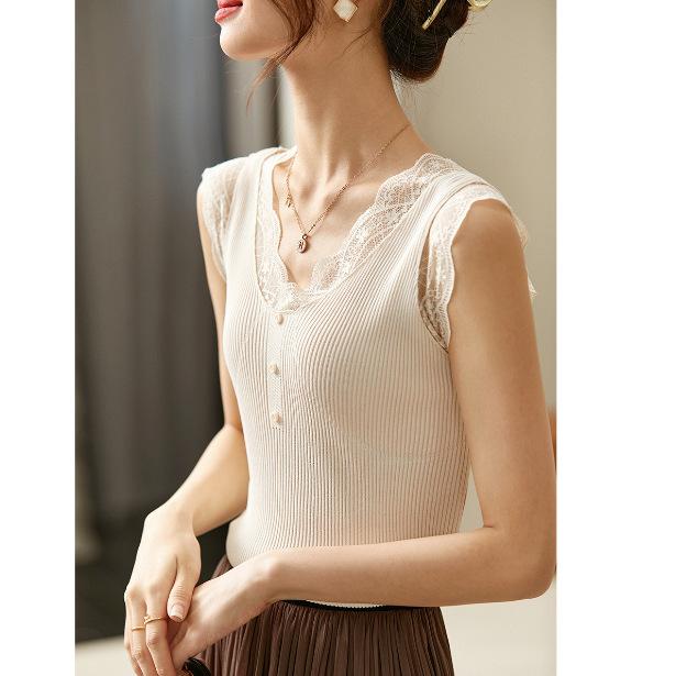 ニットキャミソール レディース レース 切り替え Vネック 接触冷感 伸縮性 細見え スタイルアップ プチ..