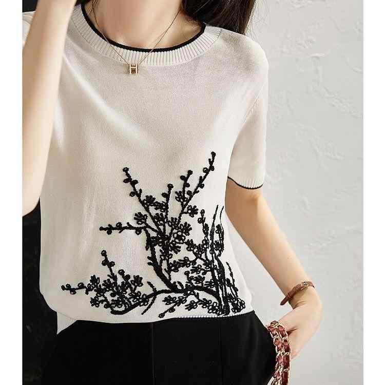 Tシャツ レディース 半袖 ニット 接触冷感 刺繍 花柄 クルーネック ストレートシルエット 通勤 普段使..