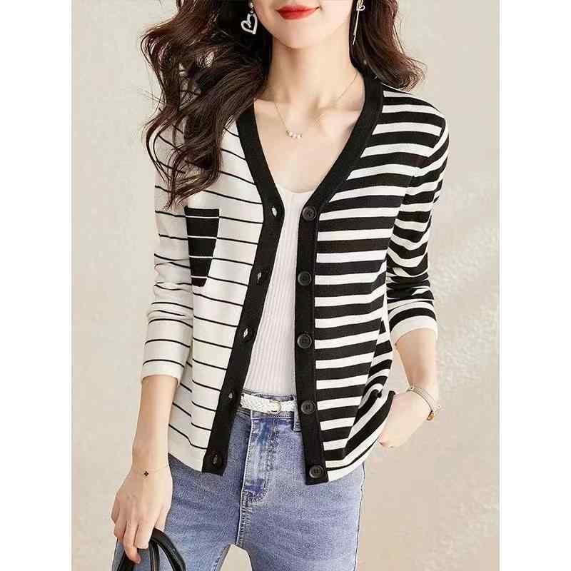 カーディガン レディース Vネック ウール ニット 長袖 春夏 白黒 ストライプ 切り替え レトロ カジュア..