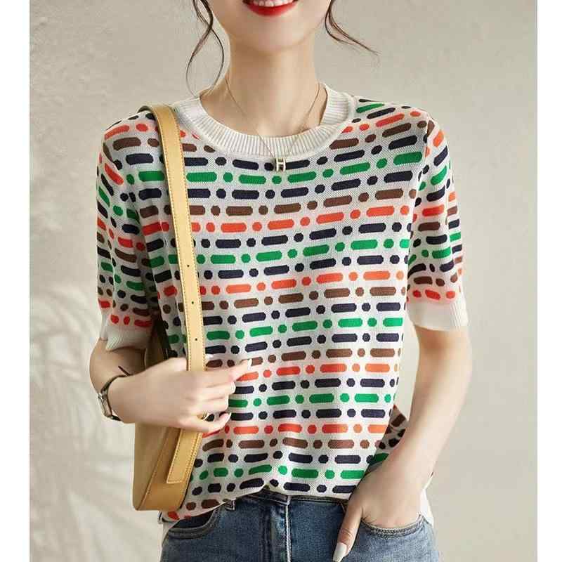 ニット トップス レディース 春夏 半袖 クルーネック 丸首 接触冷感 レーヨン 薄手 マルチカラー スト..
