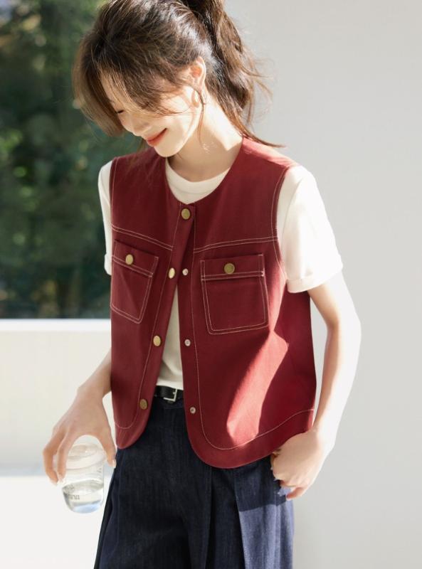 ベスト レディース おしゃれ レトロ カジュアル ショート丈 ノーカラー 前開き ステッチデザイン ワー..