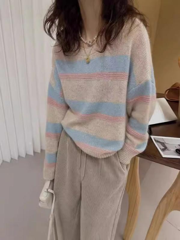 ニット レディース 秋冬 ラウンドネック プルオーバー 長袖 レトロ かわいい 配色切り替え ストライプ マカロンカラー ルーズフィット ゆったり ビスコース アクリル混 トップス セーター 普段使い