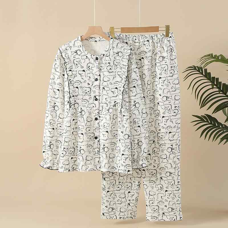 パジャマ レディース 秋冬 マタニティ 授乳 産後 ルームウェア 部屋着 綿混 プリント ダンボールニット..