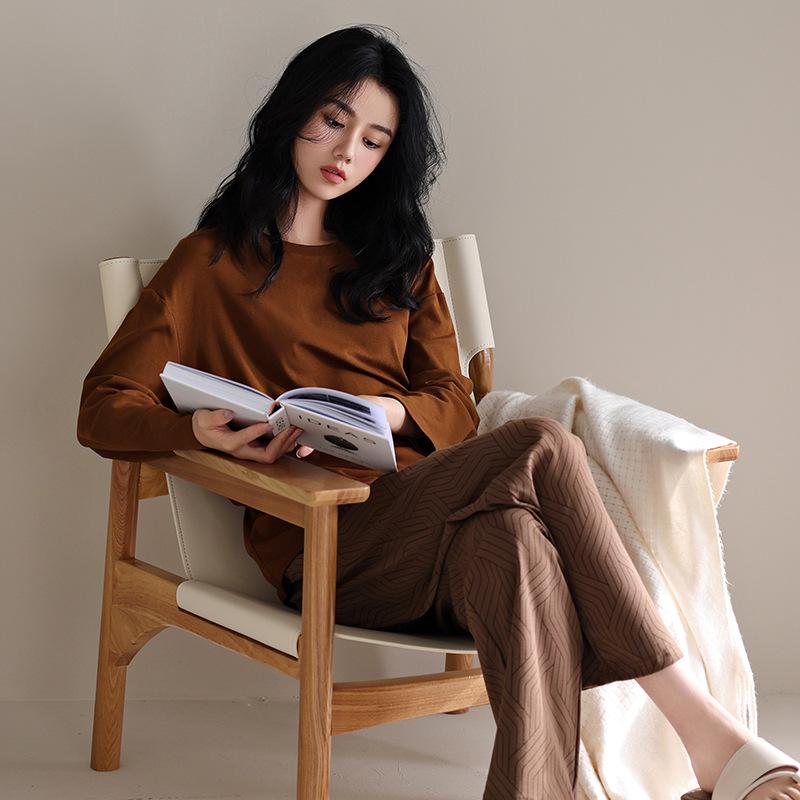 パジャマ レディース 柔らかな肌触り コットン 高級感 ラウンドネック 長袖 長ズボン セットアップ ルームウェア 部屋着 ゆったりサイズ チョコレートブラウン系 アースカラー 通年 快適 伸縮性 綿100%