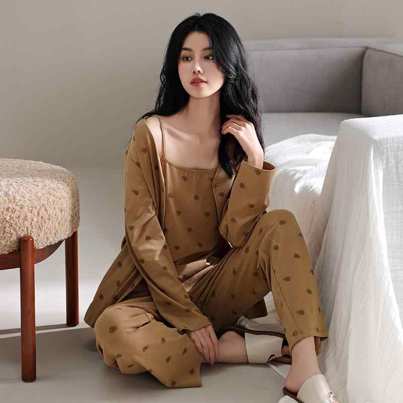 ルームウェア レディース カップ付き 前開き 長袖 カーディガン キャミソール ロングパンツ 3点セット 大きいサイズ ゆったり 綿 コットン 柔らかな肌触り Vネック 部屋着 普段使い リラックス 高級感 イエロー系