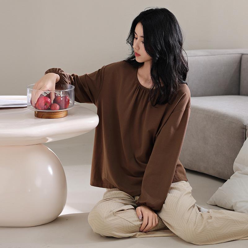 パジャマ レディース 綿100% 春秋 薄手 長袖 ラウンドネック 配色デザイン ゆったり ルームウェア 上下セット ワンマイルウェア ブラウン ストレッチ リラックス 快適 部屋着 通気性 抗菌 高級感