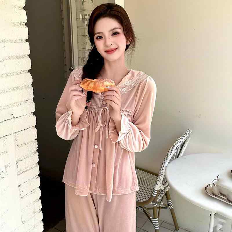 ルームウェア レディース フェミニン ベロア 長袖 厚手 レース 秋冬 セットアップ ピンク Vネック 上品..