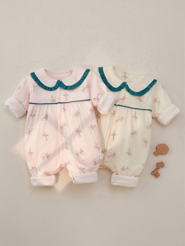 ベビー服 ロンパース カバーオール 男女兼用 新生児 赤ちゃん 秋冬 綿100% 中綿入り 厚手 長袖 前開き スナップボタン 保温 普段着 部屋着 ベージュ ピンク