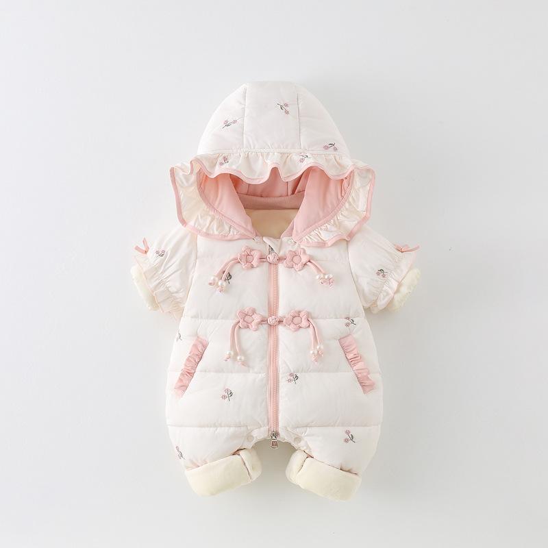 ロンパース カバーオール ベビー 女の子 新生児 冬用 中綿入り 裏起毛 厚手 あったか 防寒 長袖 フード付き 前開き お出かけ かわいい ポリエステル 韓国風