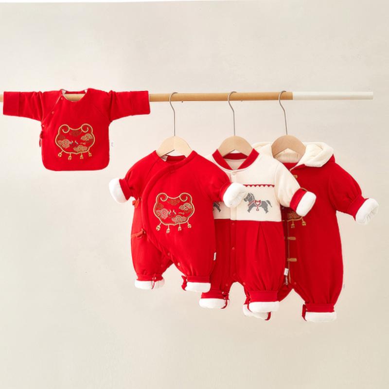 ロンパース カバーオール ベビー服 新生児 乳児服 お正月 お祝い 冬 厚手 フード付き 長袖 綿100% 韓国風 お出かけ着 普段使い