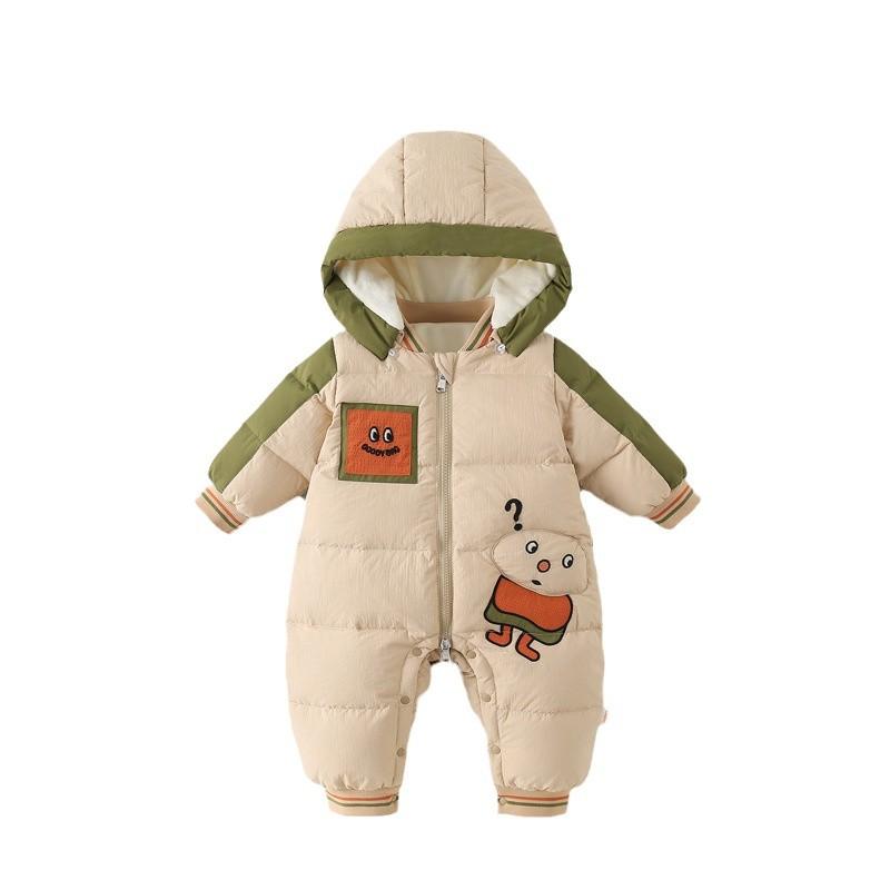 ロンパース 男の子 ベビー 冬用 ホワイトダックダウン 極厚 裏起毛 防寒 保温 フード取り外し可 長袖 ..