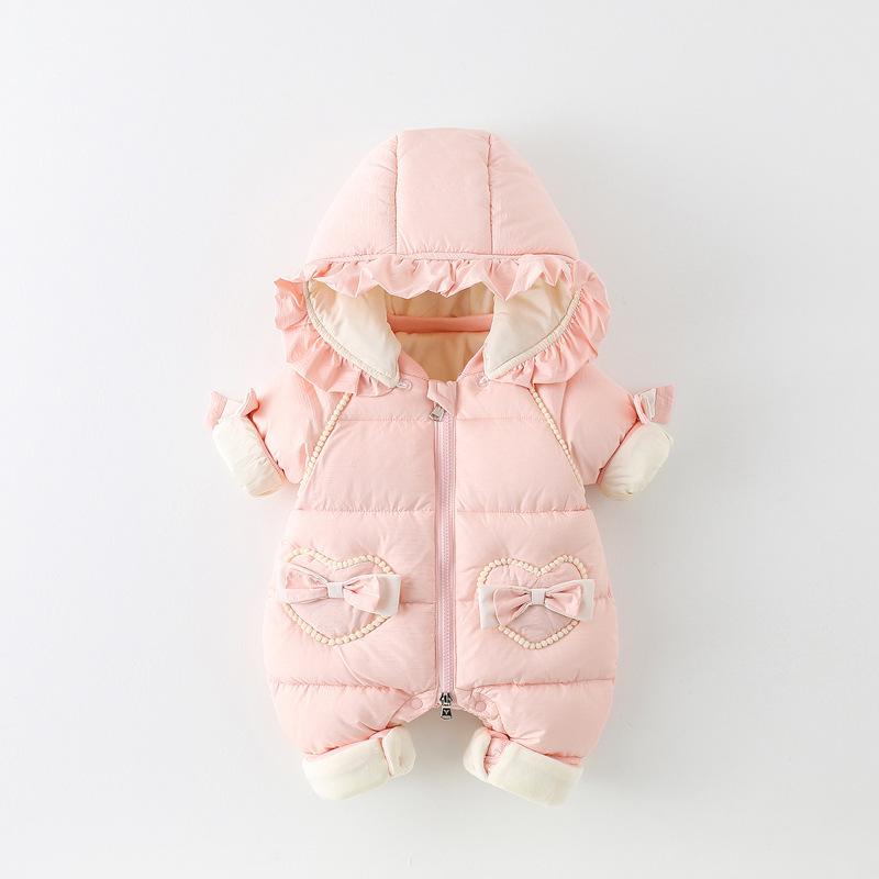 ロンパース 女の子 ベビー 新生児 乳児 女児 中綿入り 裏起毛 厚手 暖かい 防寒 ピンク カバーオール フード付き 取り外し可能 ファスナー ジップアップ ポリエステル 秋冬 お出かけ着