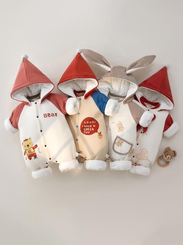 ベビー服 ベビー 秋冬 フード付き 厚手 ロンパース カバーオール 新生児 赤ちゃん 綿 コットン 男女兼用 お出かけ 普段使い 前開きボタン 韓国風