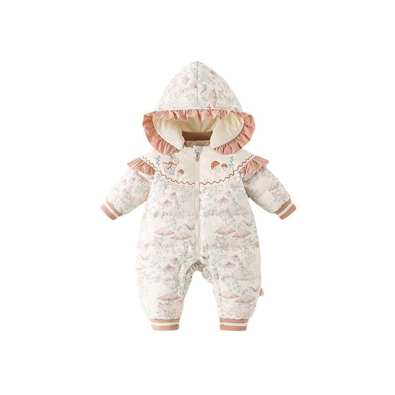 ベビー カバーオール 女の子 ダウン 厚手 裏起毛 小花柄 かわいい 韓国風 冬 防寒 あったか フード付き..