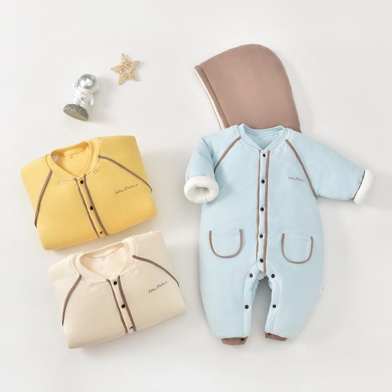 ロンパース ベビー 赤ちゃん 秋冬 長袖 フード付き 中綿入り 厚手 あったか 防寒 前開き スナップボタン 綿 コットン 韓国風 おしゃれ かわいい お出かけ 部屋着