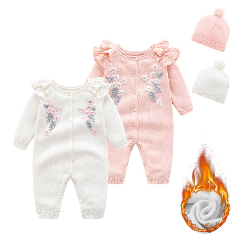 ロンパース ベビー 赤ちゃん 秋冬 裏起毛 ニット 刺繍 綿 コットン100% 長袖 取り外し可能フード付き あったか 防寒 カバーオール 普段使い お出かけ カジュアル おしゃれ