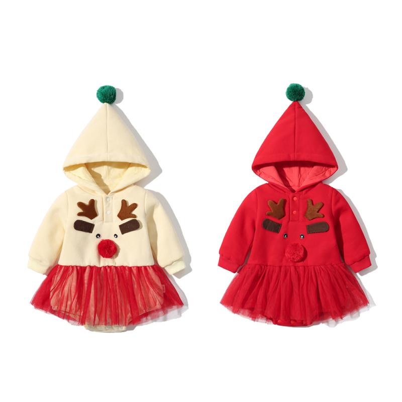 ロンパース ベビー 女の子 フード付き スウェット エルク柄 鹿柄 ダブル コットン 長袖 カジュアル おしゃれ スカート付き ワンピース風 秋冬