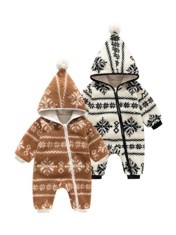 ベビー服 新生児 男女兼用 ロンパース カバーオール 秋冬 ボア フリース 厚手 暖か 防寒 フード付き 長袖 ジッパー 前開き 雪柄 お出かけ着
