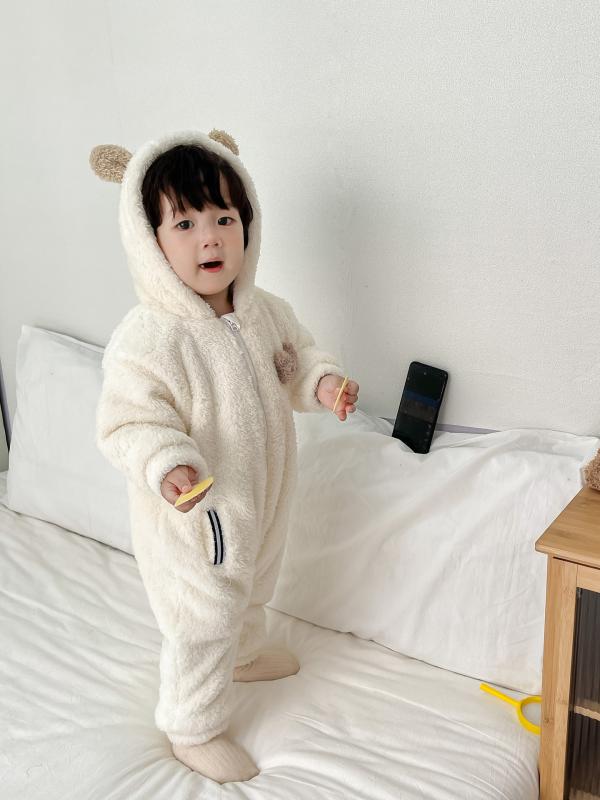 ベビー ロンパース 秋冬 厚手 ダブルレイヤー ボア サンゴフリース クマ耳 フード付き かわいい 保温 あったか 前開き カバーオール 乳幼児 外出着 男女兼用