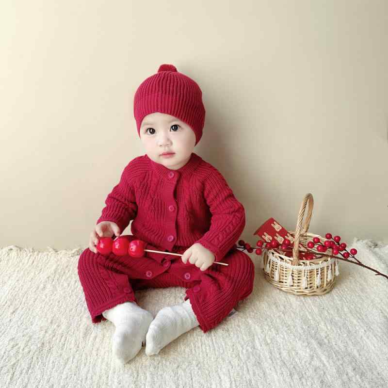 ロンパース ベビー 女の子 ニット コットン 秋冬 あったか 保温 セーター カバーオール つなぎ インスタ風 おしゃれ ワインレッド バーガンディ 百日祝い 1歳 誕生日 長袖 フード付き かわいい