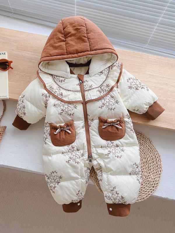 ロンパース ベビー キッズ 男女兼用 秋冬 中綿入り ダウン 厚手 フード付き 柔らかい ソフト ポリエステル あったか 防寒 保温 カバーオール カジュアル お出かけ 普段使い ルームウェア