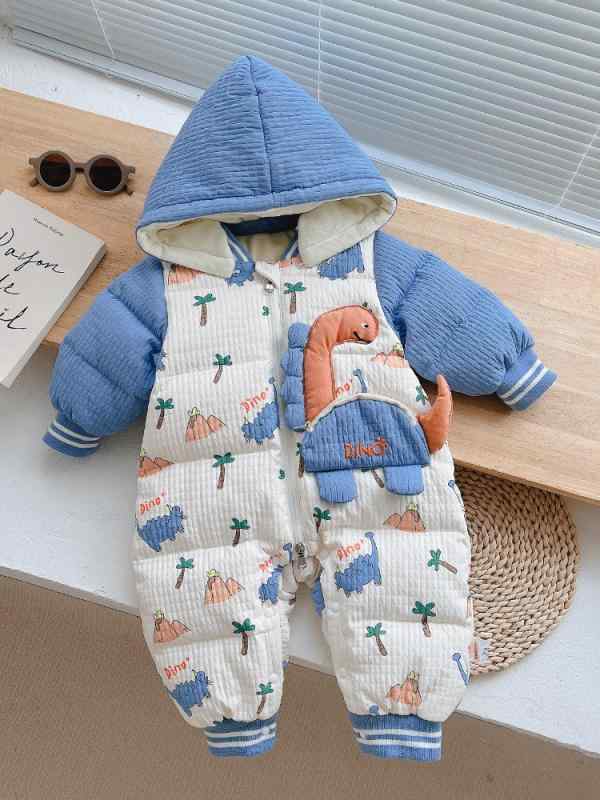 ロンパース ベビー 男女兼用 秋冬 ダウン 厚手 フード付き 前開き ジップアップ ポリエステル かわいい キリン柄 アニマル柄 カバーオール カジュアル 普段使い お出かけ