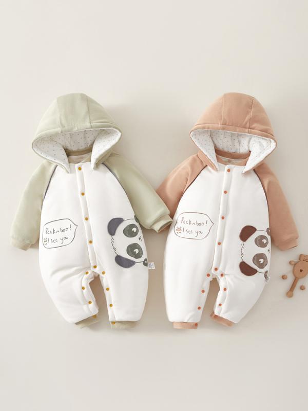 ロンパース ベビー 新生児 赤ちゃん 秋冬 厚手 あったか フード付き 長袖 綿100% コットン 前開き ボタン カバーオール 外出着 韓国風