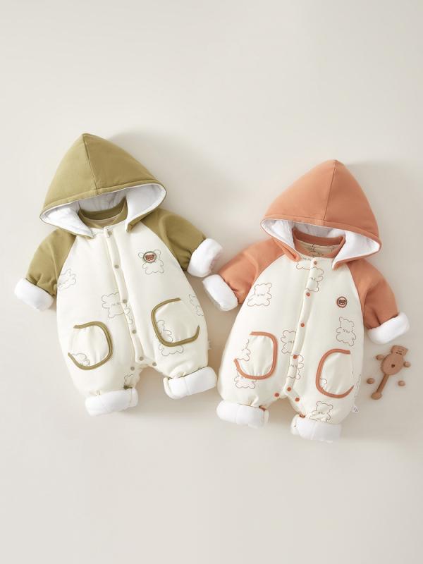 ロンパース 新生児 ベビー 赤ちゃん 男女兼用 秋冬 厚手 裏起毛 フード付き 長袖 くま耳 綿 カバーオール パジャマ ルームウェア 寝巻き