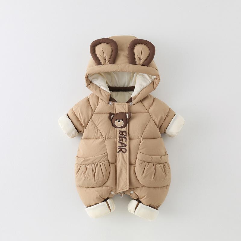 ロンパース 男の子 ベビー 新生児 秋冬 裏起毛 厚手 中綿入り ポリエステル 防寒 保温 カバーオール フード付き ジップアップ ブラウン 韓国風 外出着 お出かけ