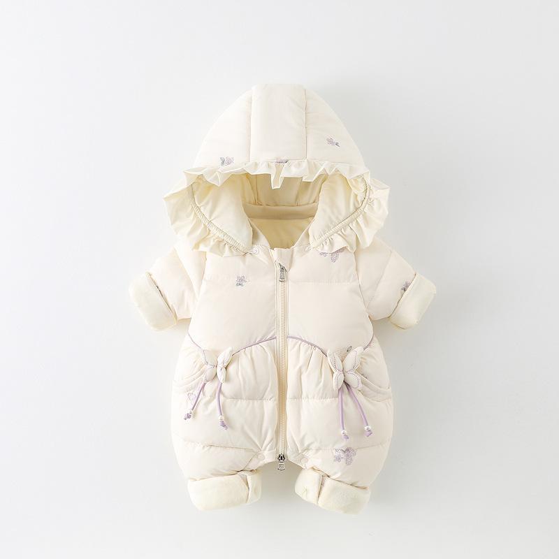 ロンパース 女の子 ベビー 冬物 中綿入り 裏起毛 厚手 暖かい あったか 防寒 カバーオール アウター フード付き 長袖 新生児 米色